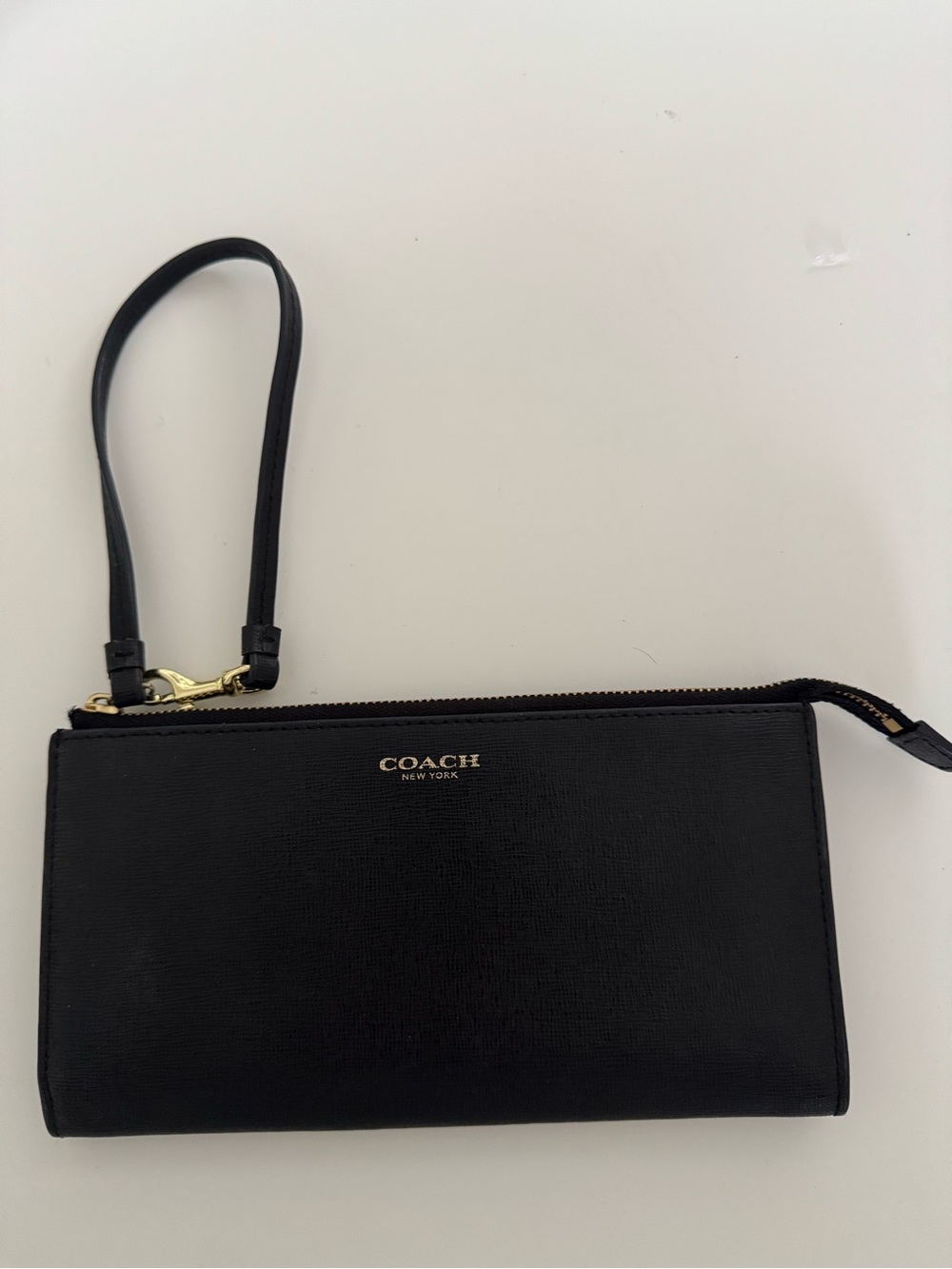 Coach Black Leather Wristlet Clutch with Gold Logo